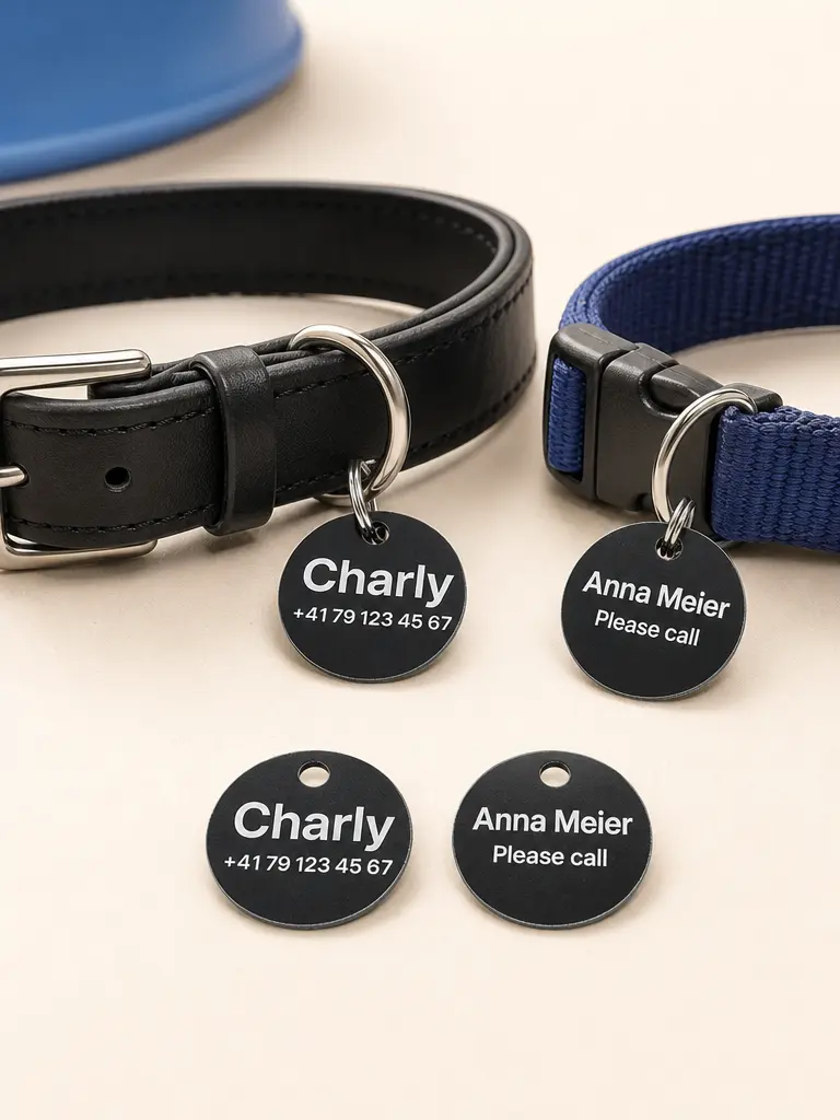 Round aluminium pet tag with laser engraving on one or both sides
